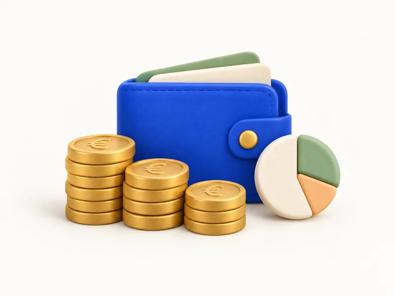 Pièces dorées et portefeuille bleu pour illustrer un budget de prospection.