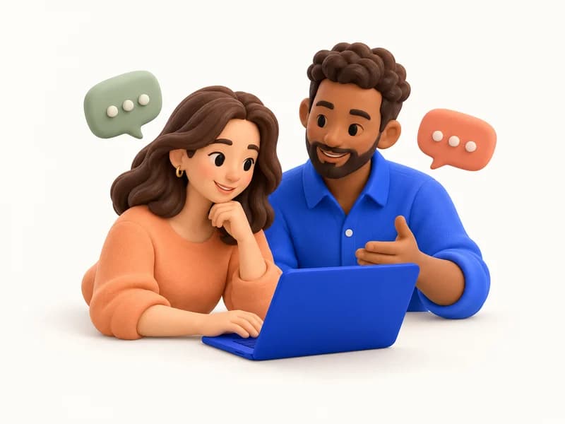 Deux professionnels discutent autour d’un ordinateur.